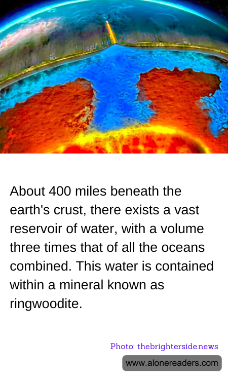 About 400 miles beneath the earth's crust, there exists a vast reservoir of water, with a volume three times that of all the oceans combined. This water is contained within a mineral known as ringwoodite.
